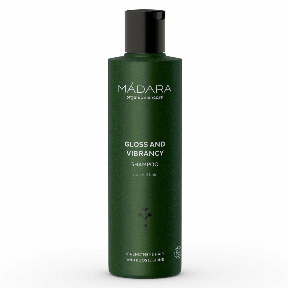 Grüne Shampoo-Flasche mit schwarzem Deckel. Aufschrift: MÁDARA, Gloss and Vibrancy Shampoo, für normales Haar. Mit Logo.