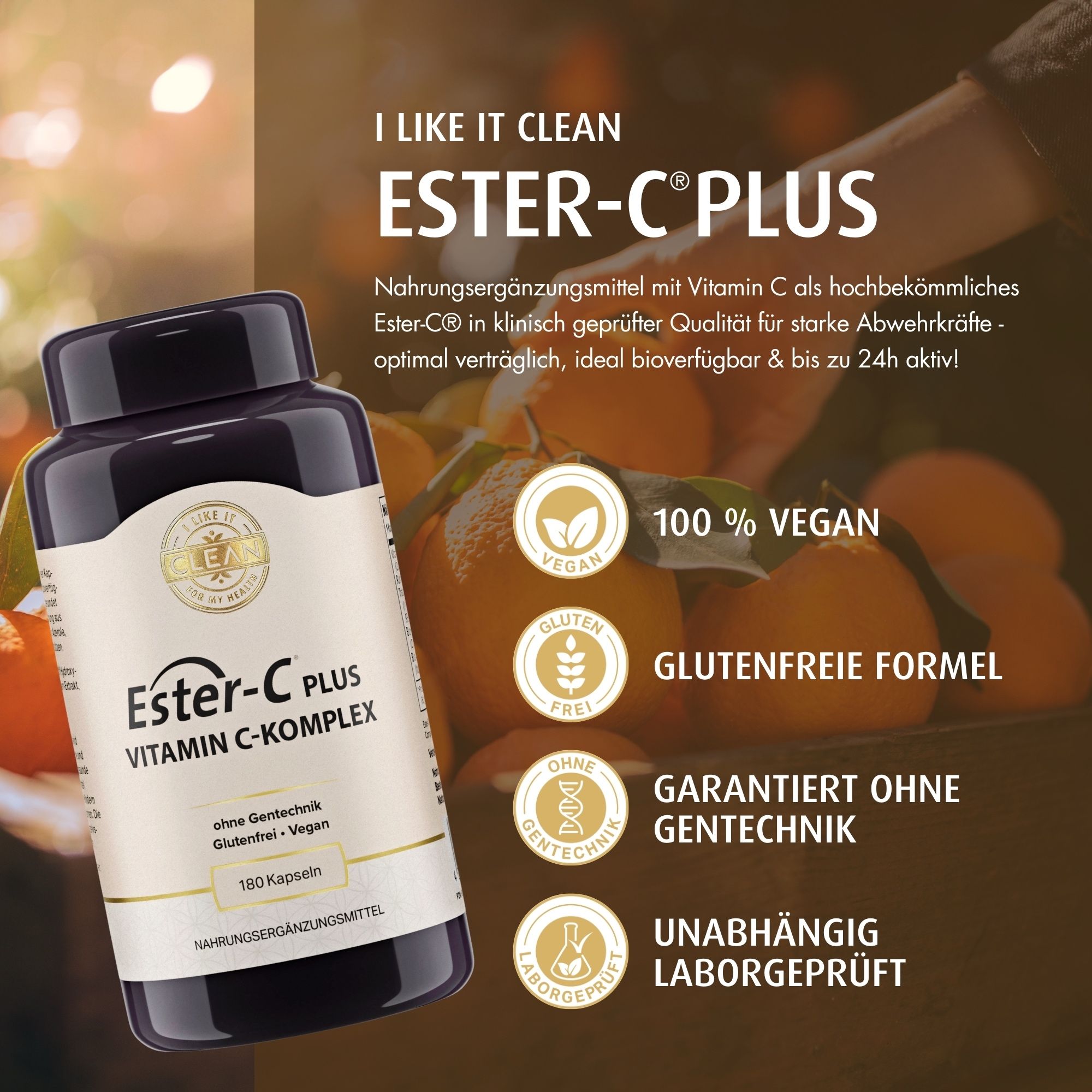 Ester-C Plus Flasche mit Text. Aufschrift: Vitamin C-Komplex, 180 Kapseln. Zusätzliche Informationen: glutenfrei, vegan, ohne Gentechnik.