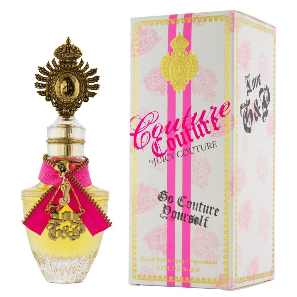 Parfümflasche mit goldfarbenem Verschluss und rosa Schleife. Verpackung mit Produktnamen und Logo.