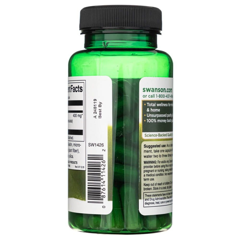 Seitenansicht einer grünen Kapsel: SWANSON Andrographis Paniculata, mit Barcode und Anwendungshinweisen.