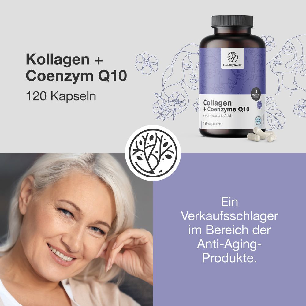 Produktabbildung mit Flasche und Kapseln. Text: Kollagen + Coenzym Q10, 120 Kapseln. Logo HealthyWorld. Frau lächelt. Text: Anti-Aging-Produkte.
