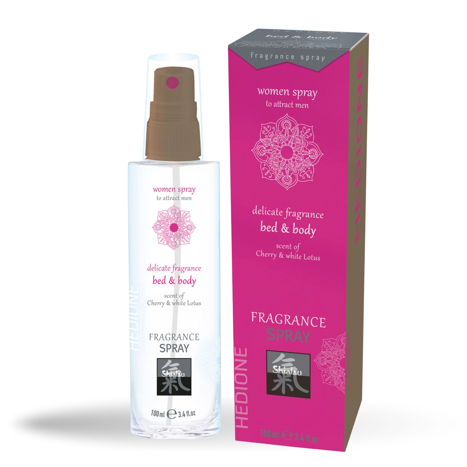 Flakon und Verpackung nebeneinander. Flakon: klar, Sprühkopf. Verpackung: pink, rechteckig. Aufschriften: "women spray", "bed & body", "Fragrance Spray".