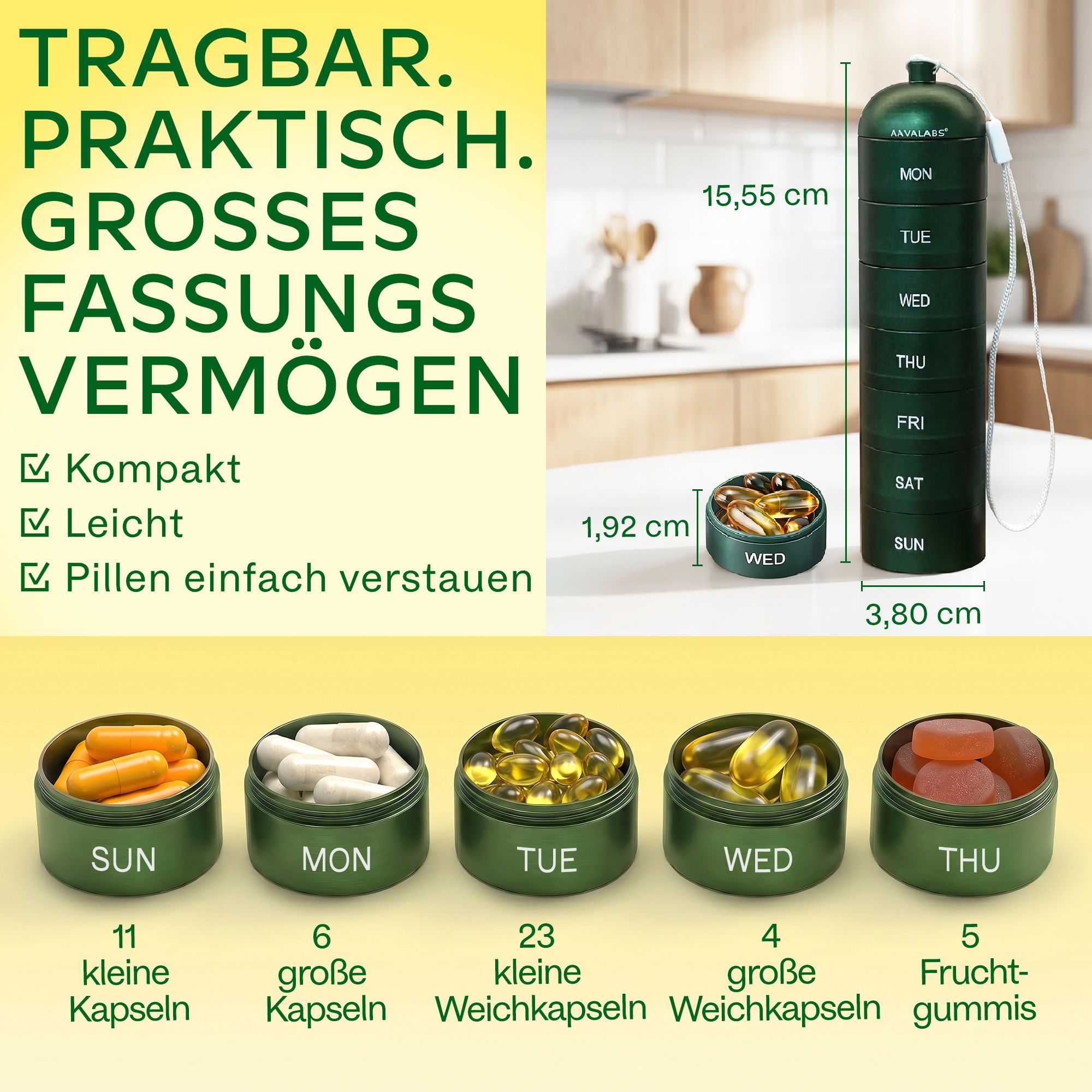 Aavalabs Tablettenbox Wochenplaner | Plastikfrei & BPA-frei | Aluminium Wasserdicht mit Spin-Lock