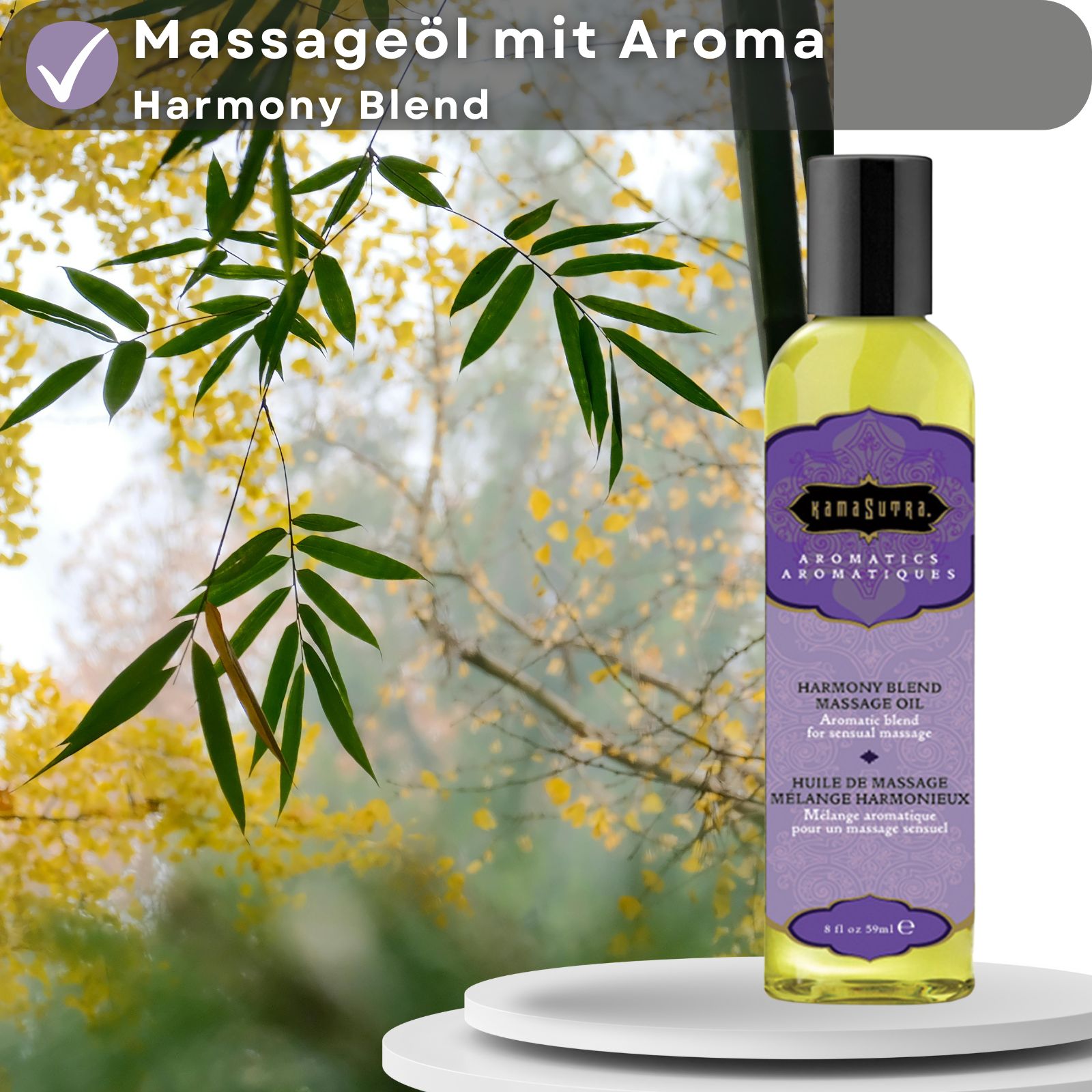 Massageöl-Flasche neben Textfeldern. Text: Massageöl mit Aroma Harmony Blend, auf Ölbasis, pflegt die Haut, ideal für Paarmassage.