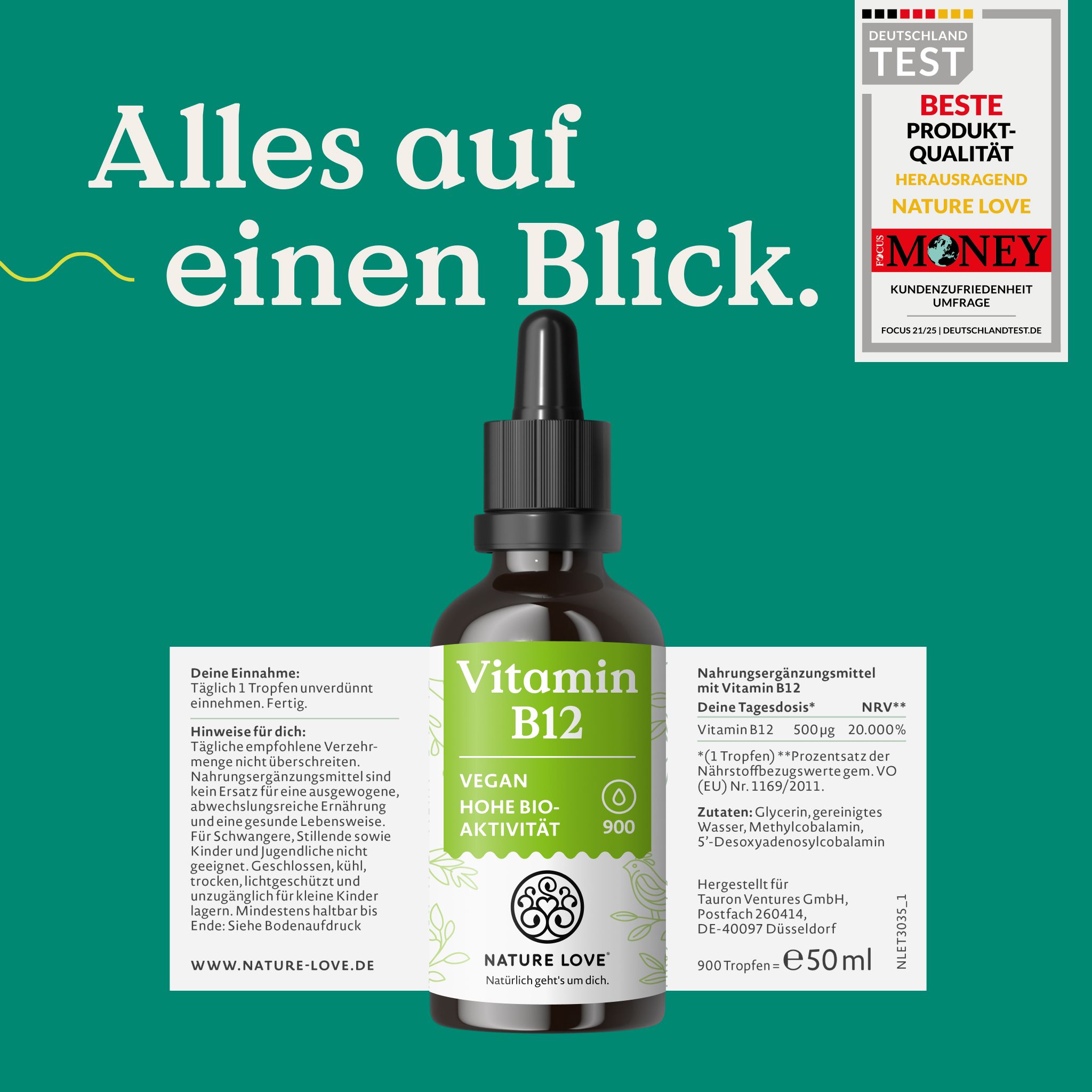 Flasche NATURE LOVE Vitamin B12 mit Etikett und Beipackzettel, 50ml.