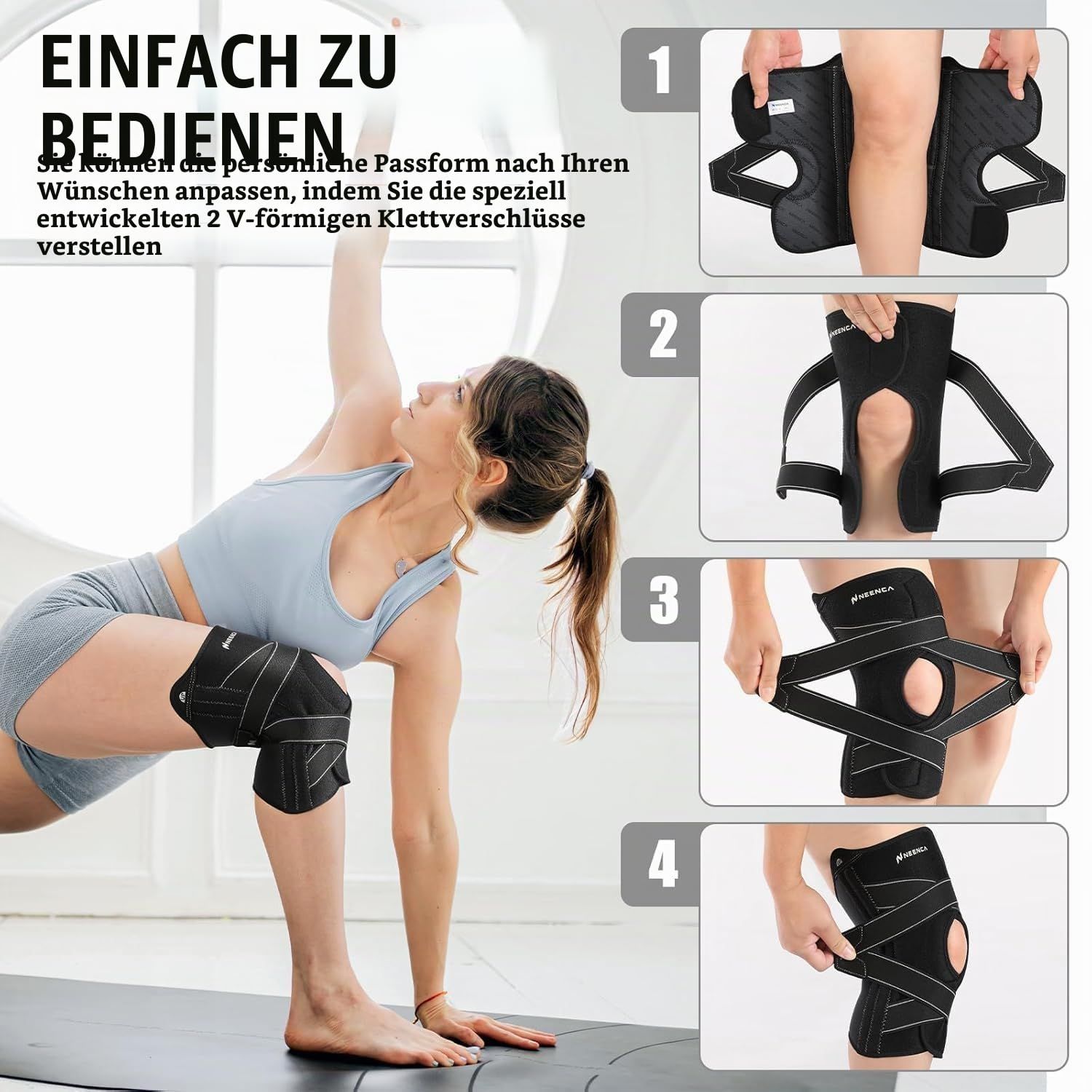 Anleitung zum Anlegen einer Kniebandage mit 2 V-förmigen Klettverschlüssen.