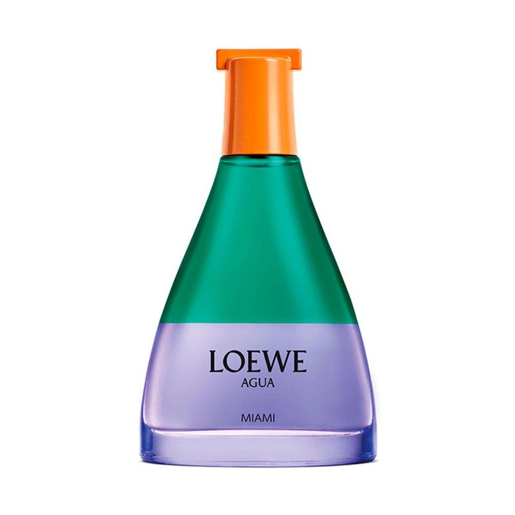 Flasche mit Farbverlauf von Grün zu Lila. Orangefarbener Verschluss. Aufschrift: LOEWE AGUA MIAMI.