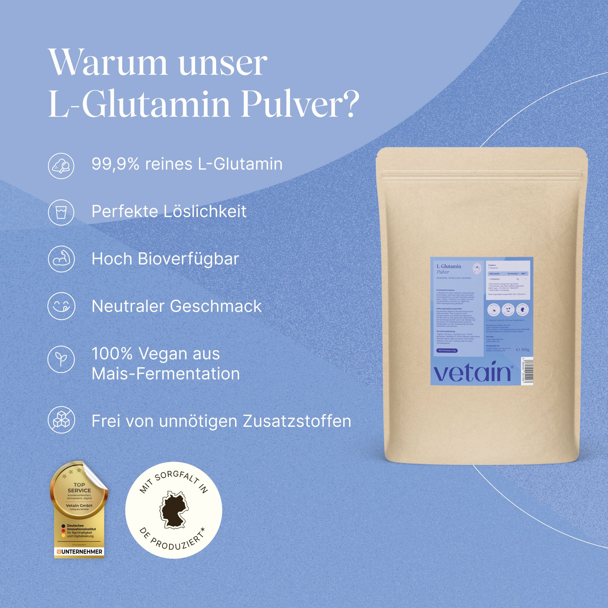 VETAIN L-Glutamin Pulver: 99,9% Reinheit, vegan, made in Germany.