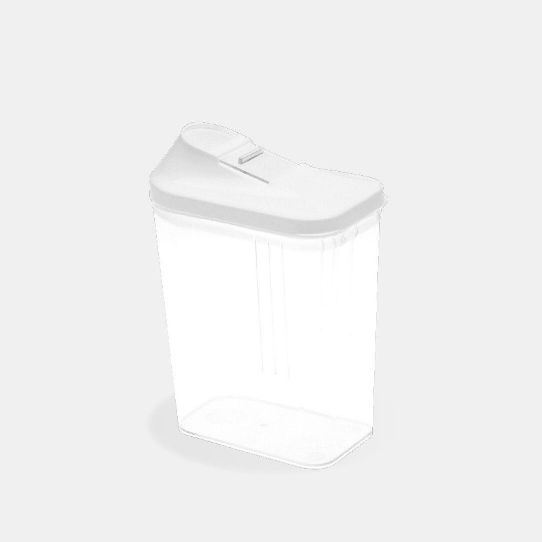Transparente Schüttdose mit weißem Deckel. Rechteckige Form, leicht geneigt. Deckel mit Öffnung und Verschluss. Kunststoff.