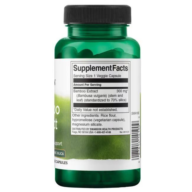 Rückseite einer grünen Flasche. Aufschrift: Supplement Facts. Enthält Bamboo Extract. Inhaltsstoffe und Nährwertangaben.
