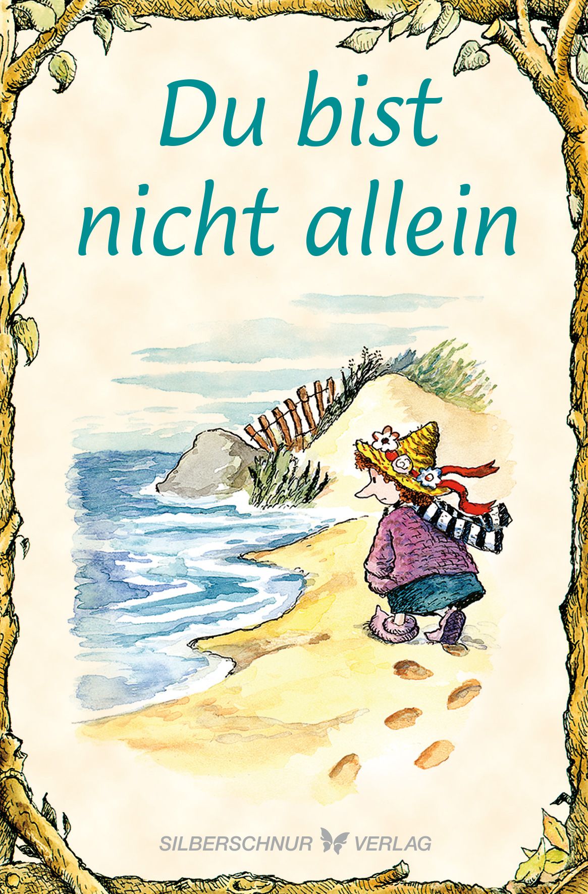 Buchcover mit Illustration. Titel: Du bist nicht allein. Am Strand steht eine Figur mit Hut und Schal. Verlag: Silberschnur Verlag.