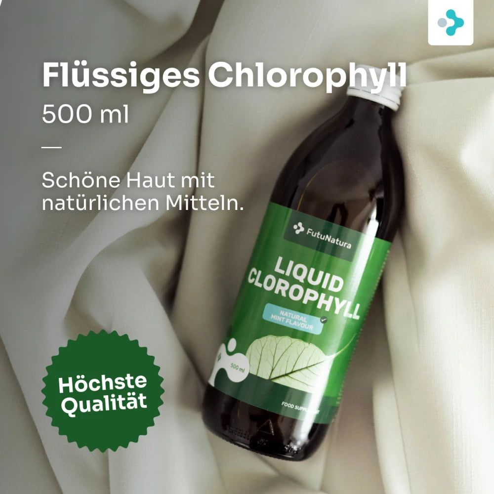Flasche Liquid Chlorophyll. Aufschrift auf der Flasche. Frau trinkt aus einem Becher.
