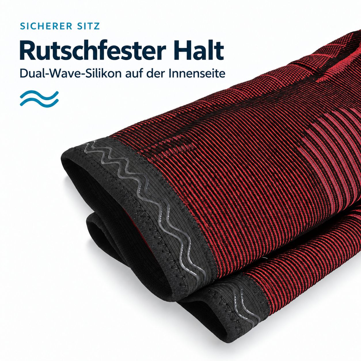 Rotes Knieband mit schwarzem Muster und Silikonstreifen innen für rutschfesten Halt.