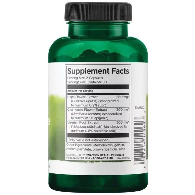 Rückseite einer grünen Flasche. Aufschrift: Supplement Facts. Enthält Hopfen-, Kamillen- und Baldrianwurzelextrakt.