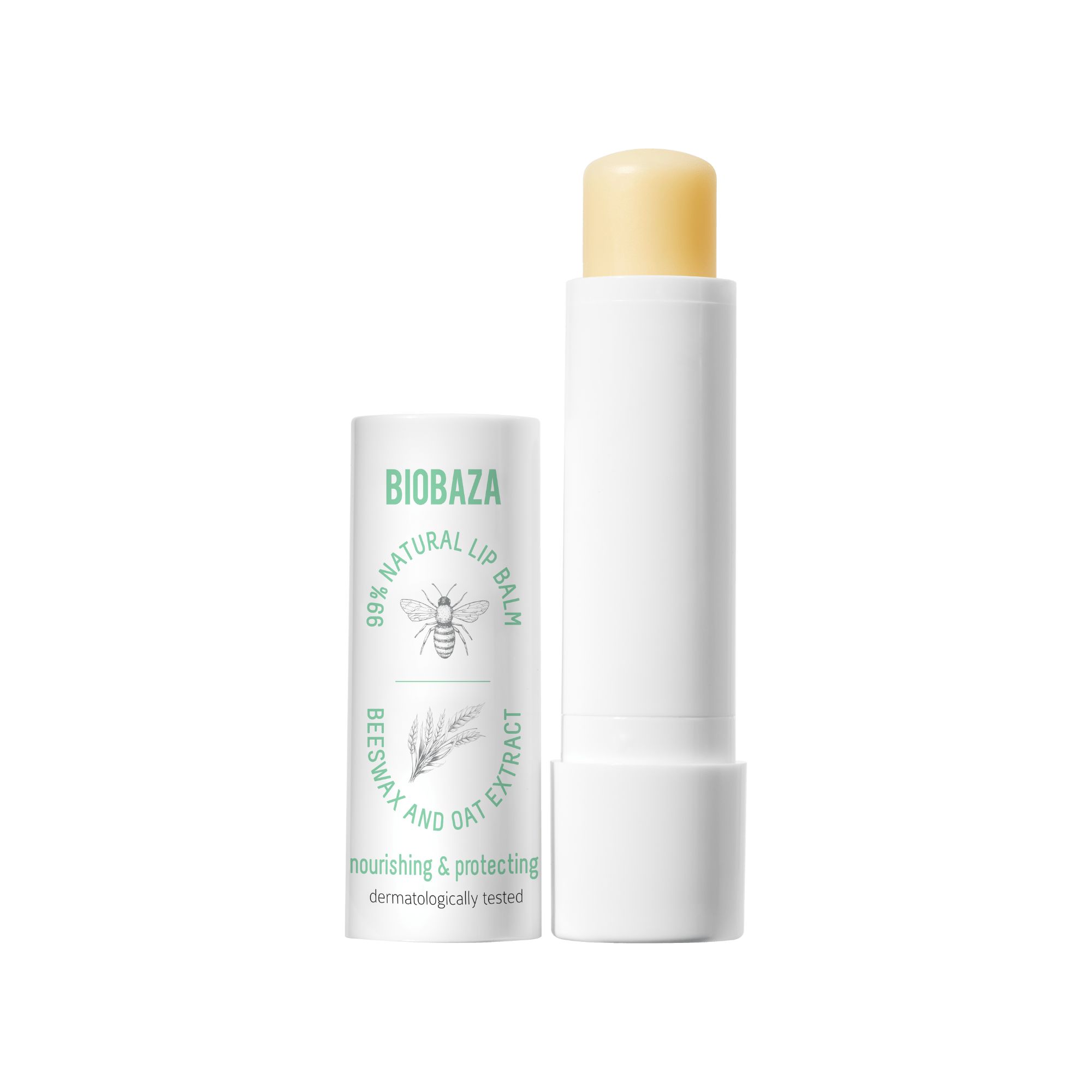 Weißer Lippenbalsam-Stift mit geöffneter Kappe. Aufschrift: Biobaza, 99% natural, Beeswax and Oat Extract.