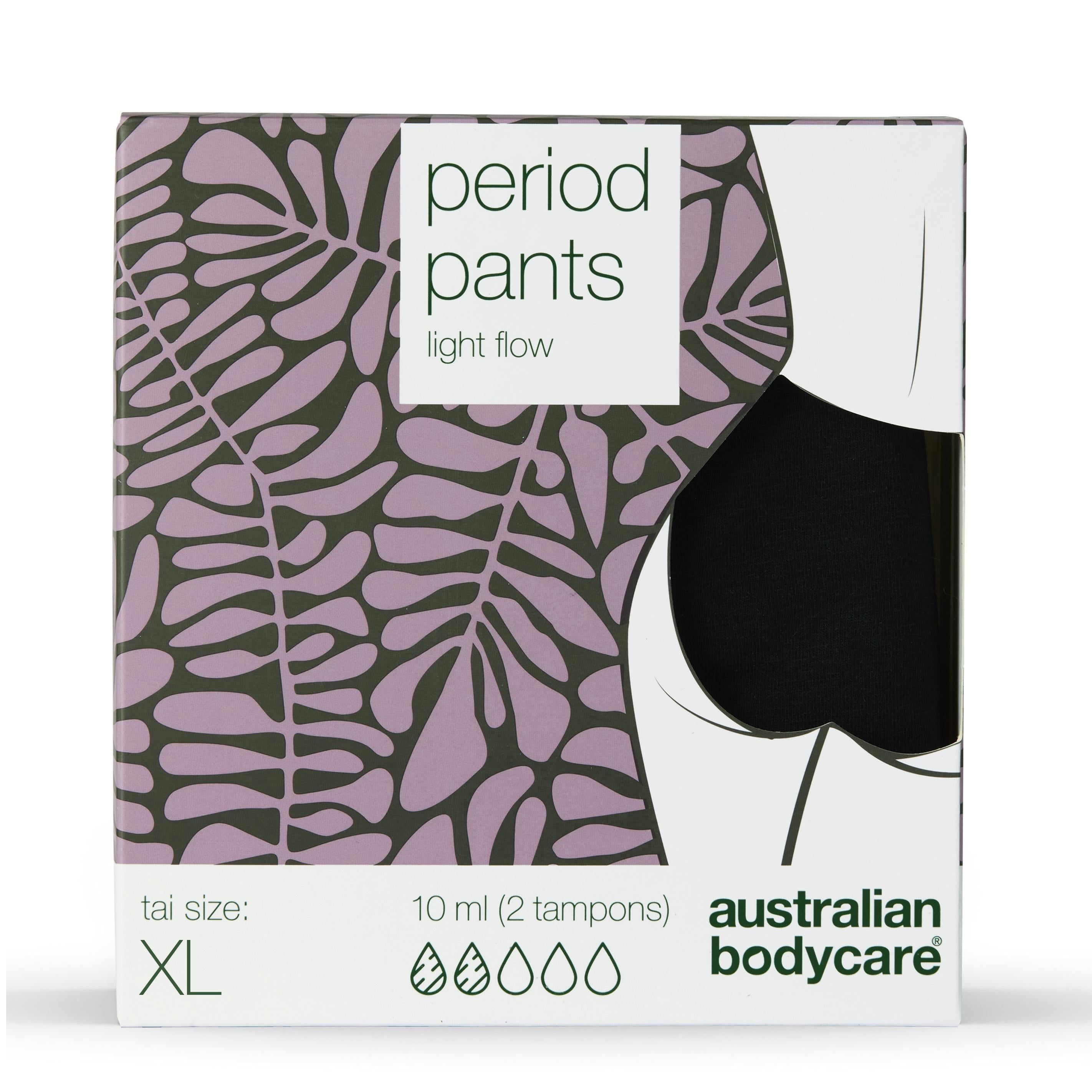 Verpackung der Periodenunterwäsche. XL-Größe, 10 ml (2 Tampons). Marke: Australian Bodycare.