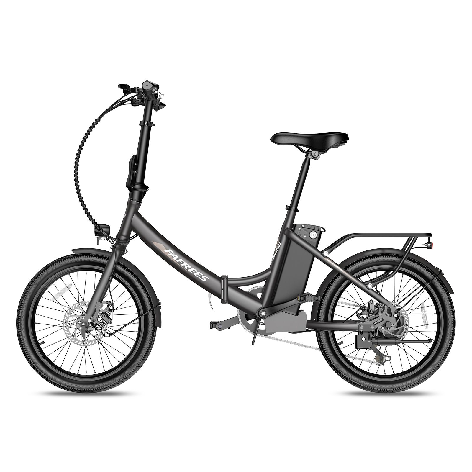 Faltbares E-Bike, schwarz, mit Gepäckträger und Akku. Marke Fafrees.