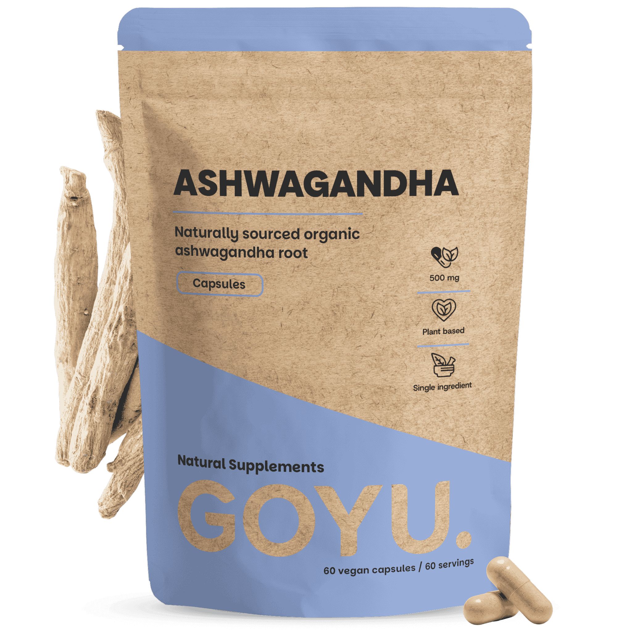 Ashwagandha-Kapseln in Brauner Beutelverpackung mit GOYU-Logo. Enthält 60 vegane Kapseln.
