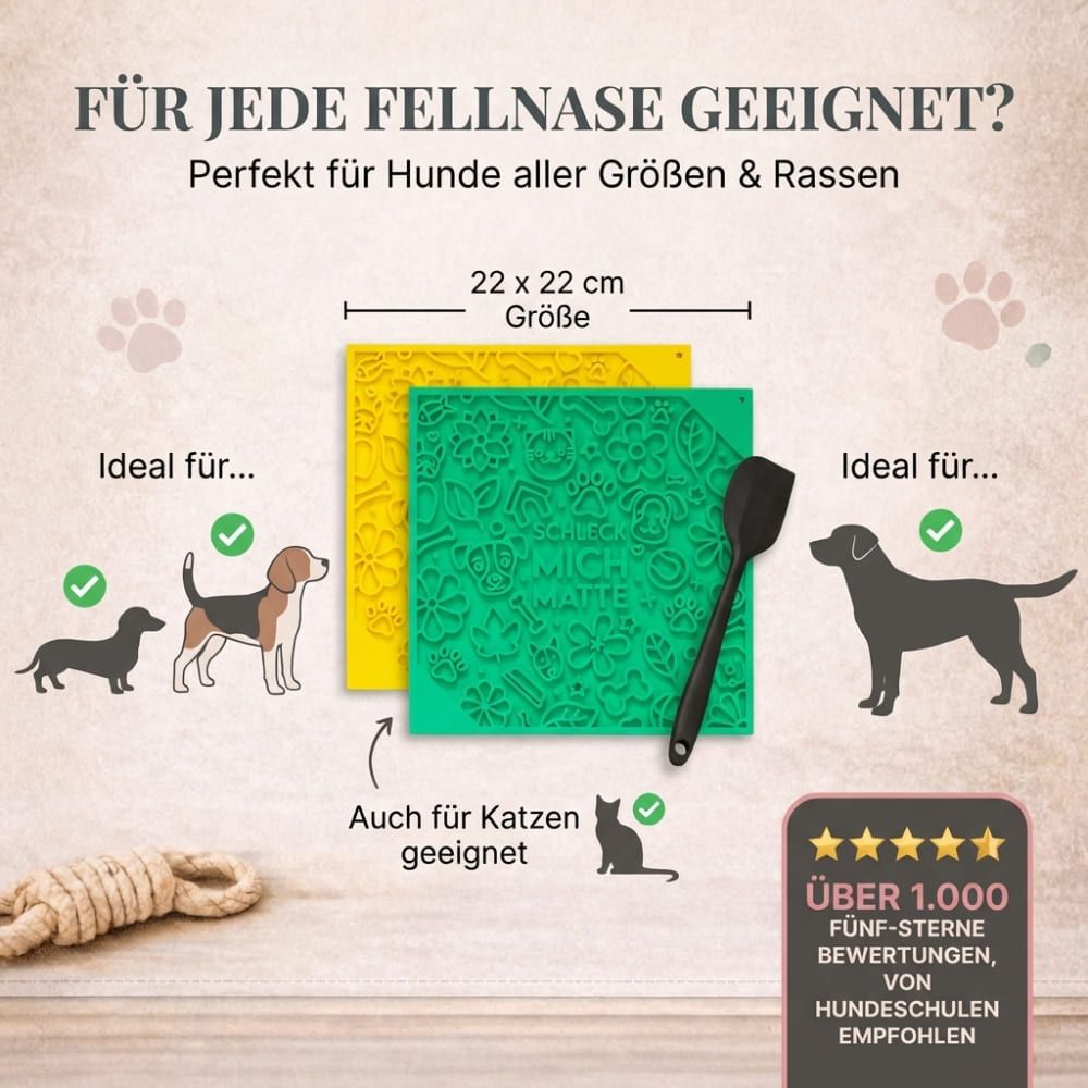 Zwei Leckmatten (22x22 cm), Spatel. Geeignet für Hunde und Katzen. Text: Über 1.000 Fünf-Sterne-Bewertungen.