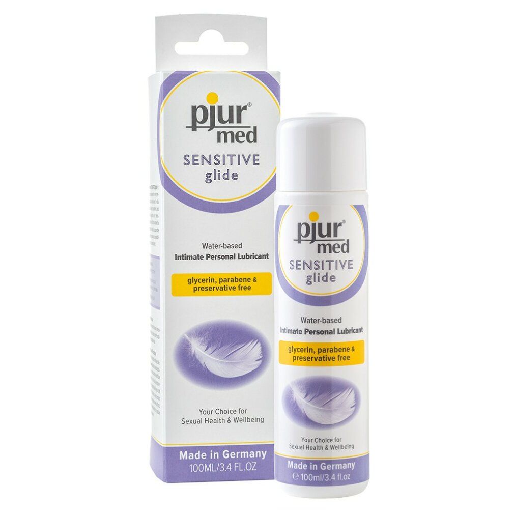 Produktverpackung und Flasche. Aufschrift: pjur med Sensitive Glide. Wasserbasiertes Intim-Gleitmittel. Ohne Glycerin, Parabene und Konservierungsstoffe.