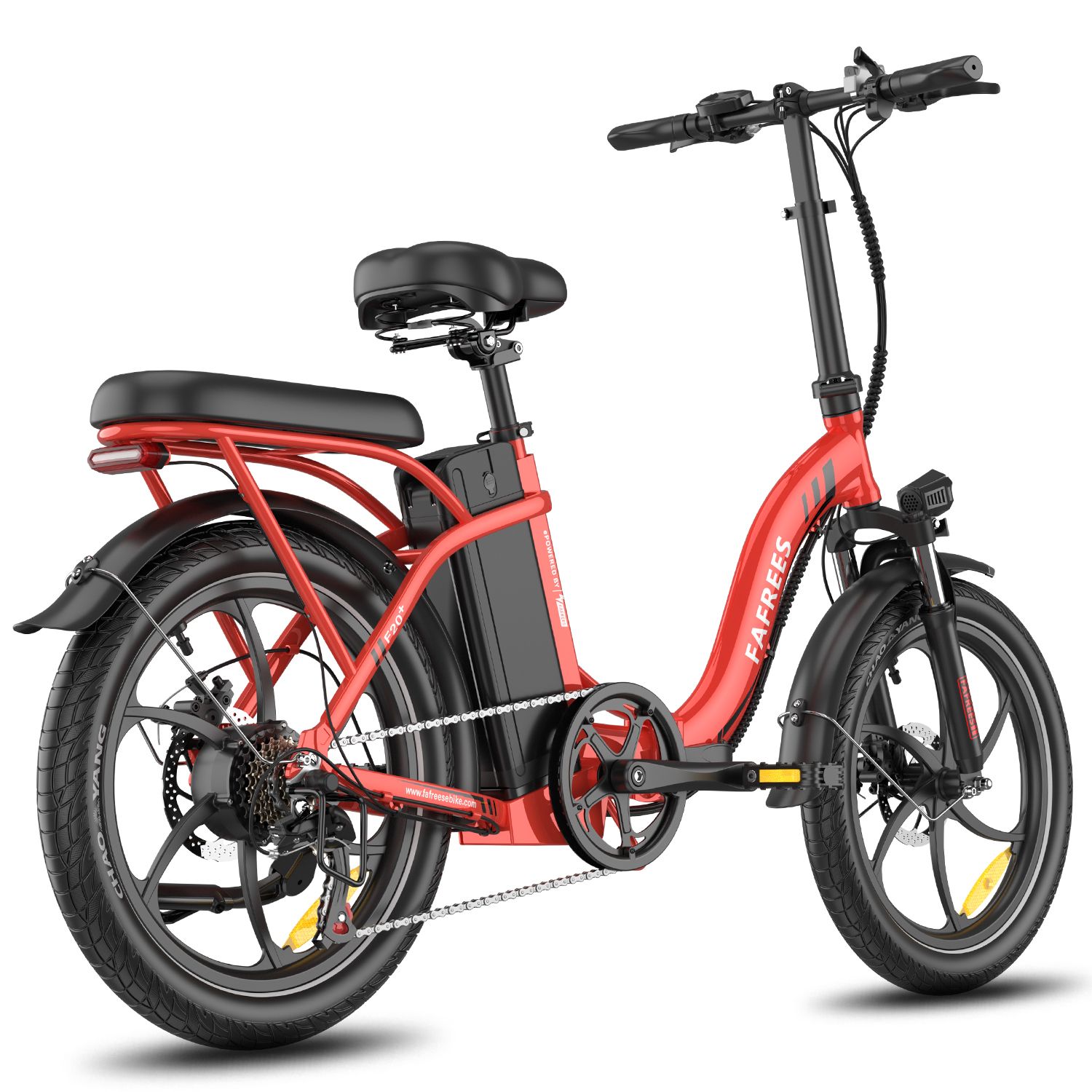 Rotes Fafrees F20+ Klapp-E-Bike. Schwarze Reifen, Sattel und Akku. Marke sichtbar.