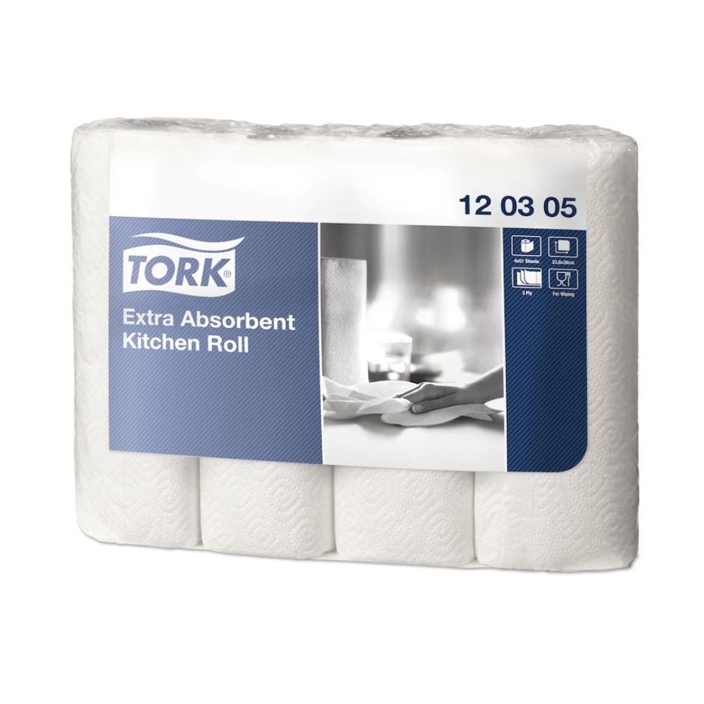 Küchenrollenpackung. Weißes Papier mit Prägemuster. Blaue Beschriftung mit Tork-Logo und Produktbezeichnung. Aufdruck: 12 03 05.