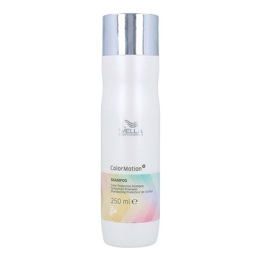 Weißes Shampoo mit silbernem Deckel. Schriftzug: Shampoo, Wella, ColorMotion. Farbverlauf. 250 ml.