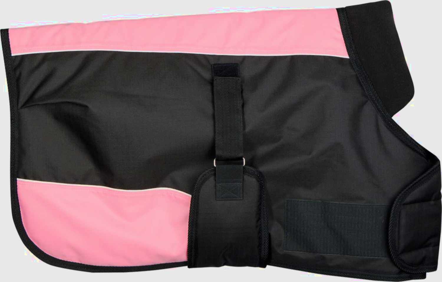 Schwarze Fohlendecke mit rosa Akzenten und Klettverschluss.