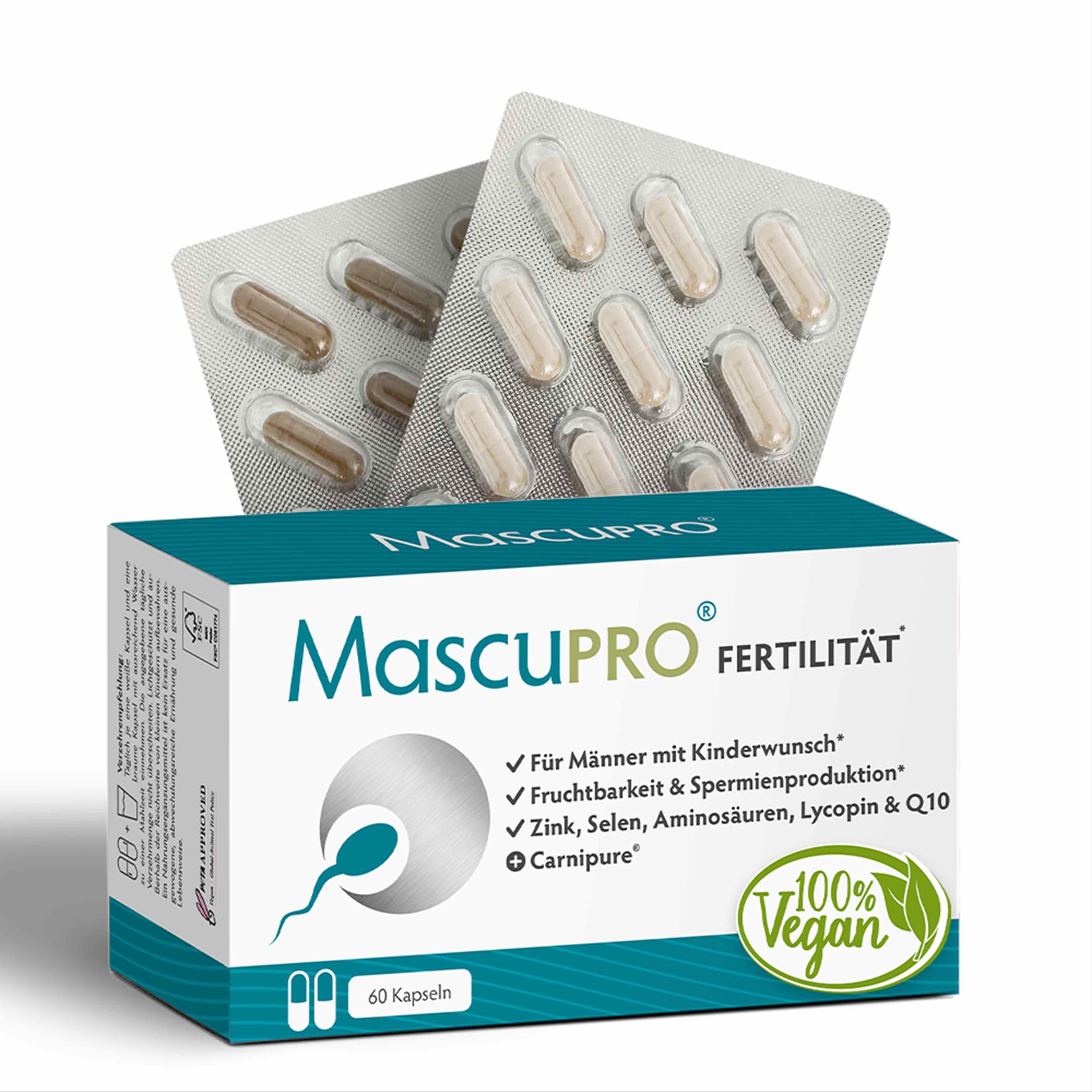MascuPRO Fertilität-Box mit 60 Kapseln. 100% vegan. Text: Für Männer mit Kinderwunsch, Zink, Selen, Aminosäuren, Lycopin & Q10, Carnipure.