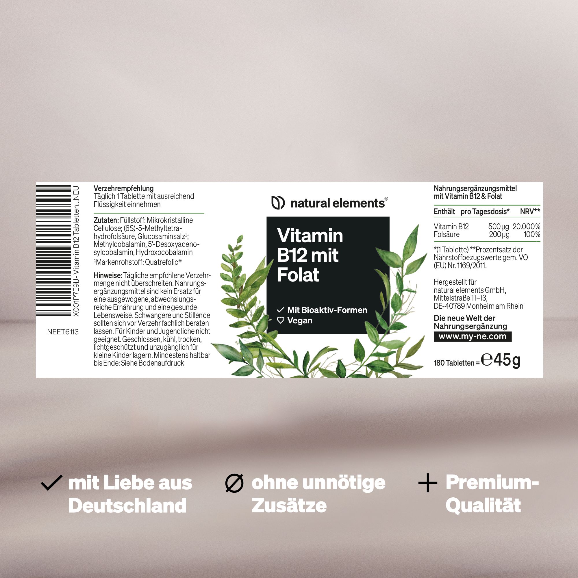 Weiße Verpackung mit Produktinformationen. Enthält Vitamin B12 mit Folat. 180 Tabletten, 45g. Mit Liebe aus Deutschland.