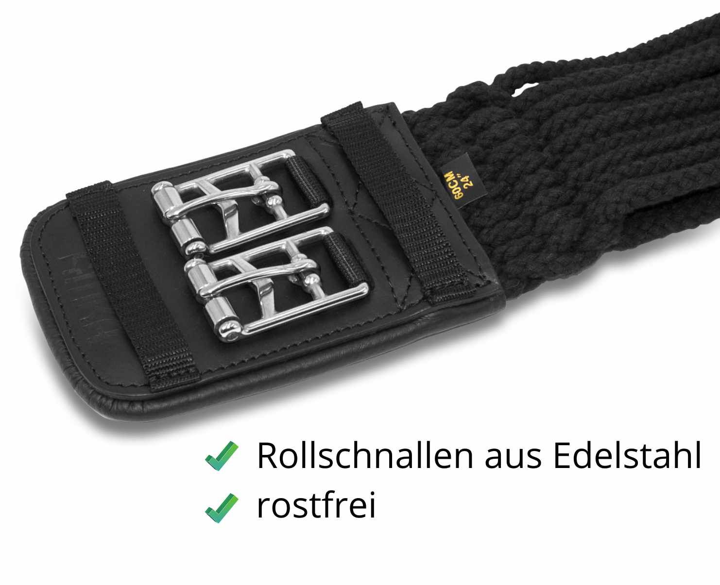 Schwarzer Dressurgurt mit Rollschallen aus Edelstahl. Rostfrei. 60cm. Leder und Seilmaterial.