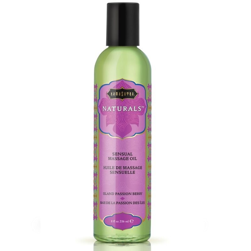 Grüne Flasche mit Kamasutra Naturals Sensual Massageöl, Duft: Island Passion Berry.