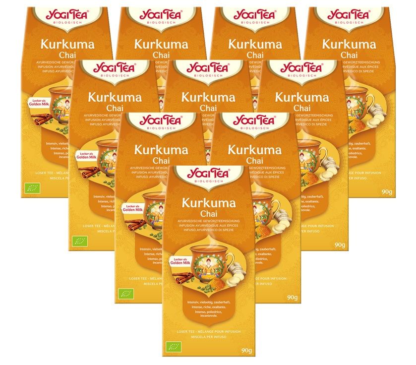 Mehrere Packungen Yogi Tea Kurkuma Chai. Gelbe Verpackung mit Logo und Produktbezeichnung. Bio-Siegel.