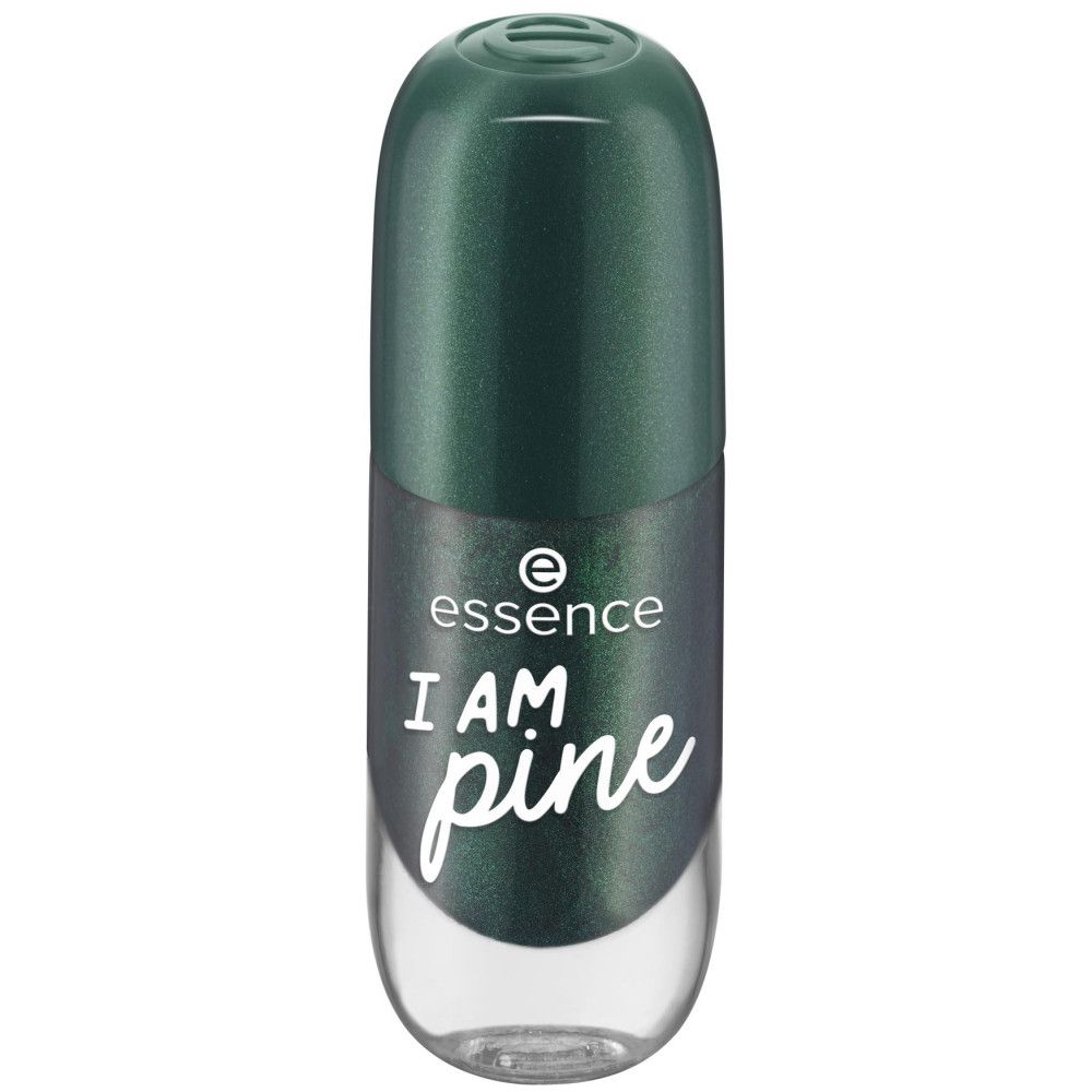 Nagellackflasche, geschlossen. Grüne Farbe, Schriftzug 'I AM pine'. Marke 'essence'.