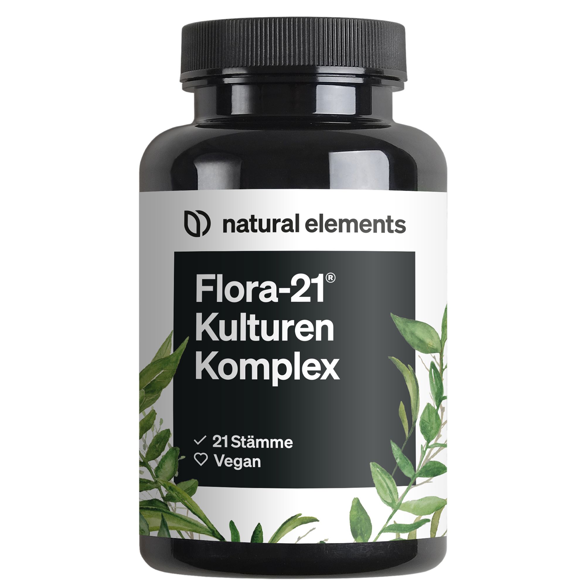 Schwarze Flasche mit weißem Etikett. Aufschrift: Flora-21® Kulturen Komplex. Enthält 21 Stämme und ist vegan.