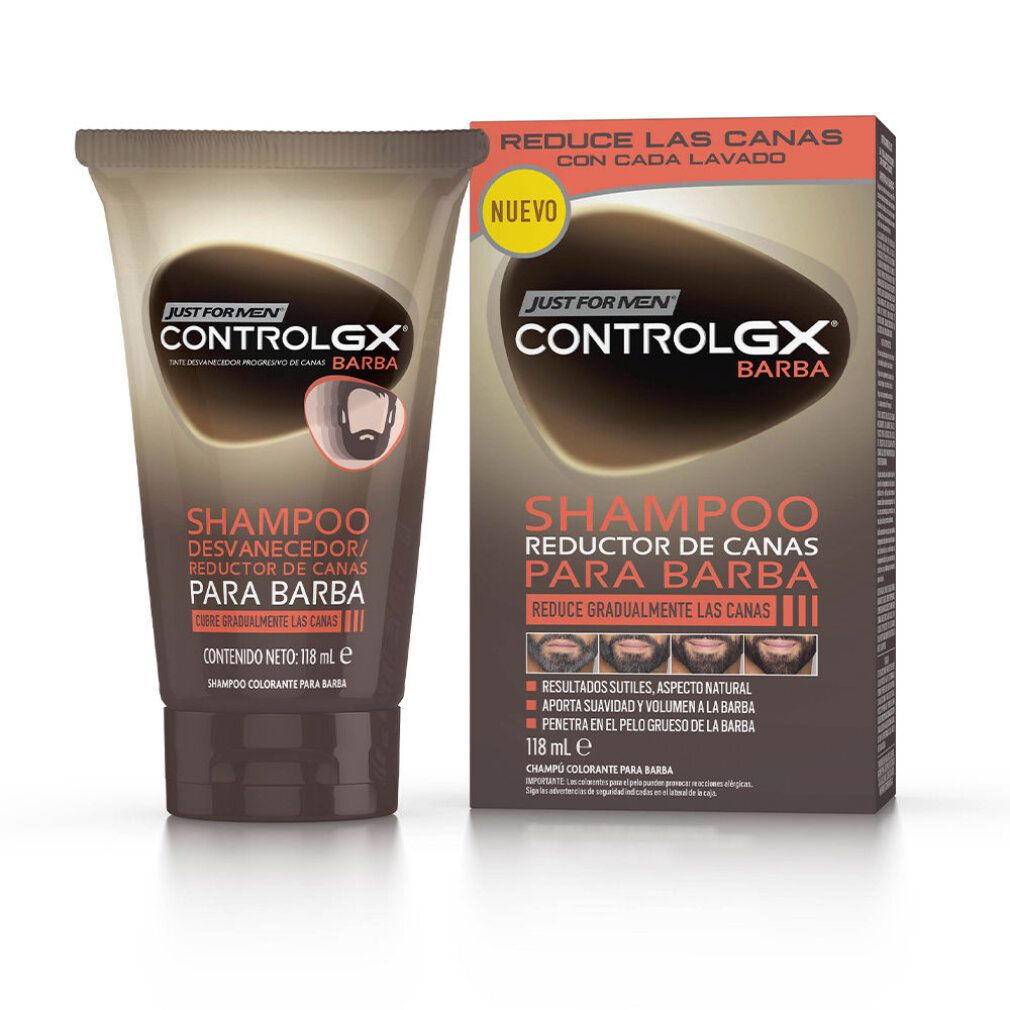 Braune Tube und Schachtel. Aufschrift CONTROL GX BARBA. Reduziert graue Haare. Enthält 118 ml.