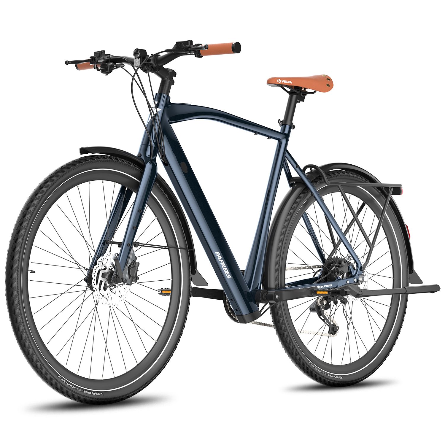 Dunkelblaues Elektrofahrrad mit braunem Sattel und orangefarbenen Griffen. Gepäckträger. Fafrees-Logo.