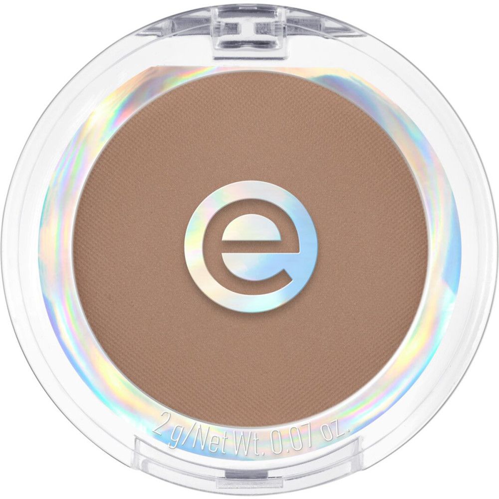 Brauner Lidschatten in runder, transparenter Dose. Logo 'e' mittig. Text: 2 g/Net Wt. 0.07 oz.