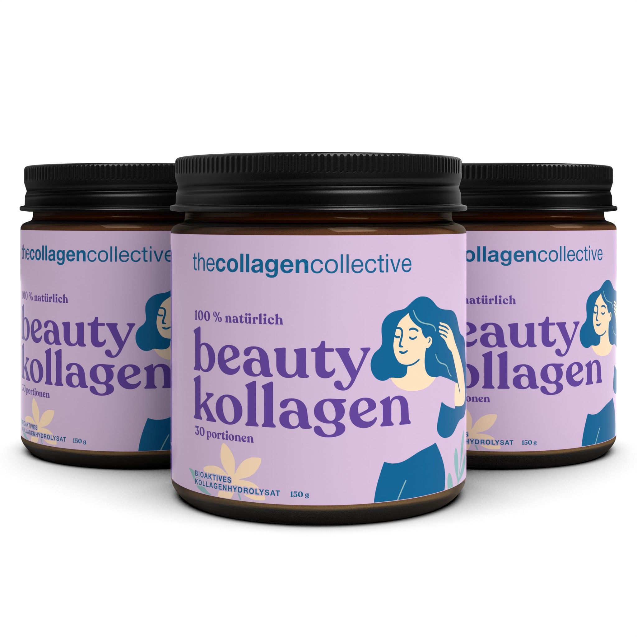 Drei braune Gläser mit schwarzem Deckel. Aufschrift: Beauty Kollagen, 100% natürlich. Illustration einer Frau.