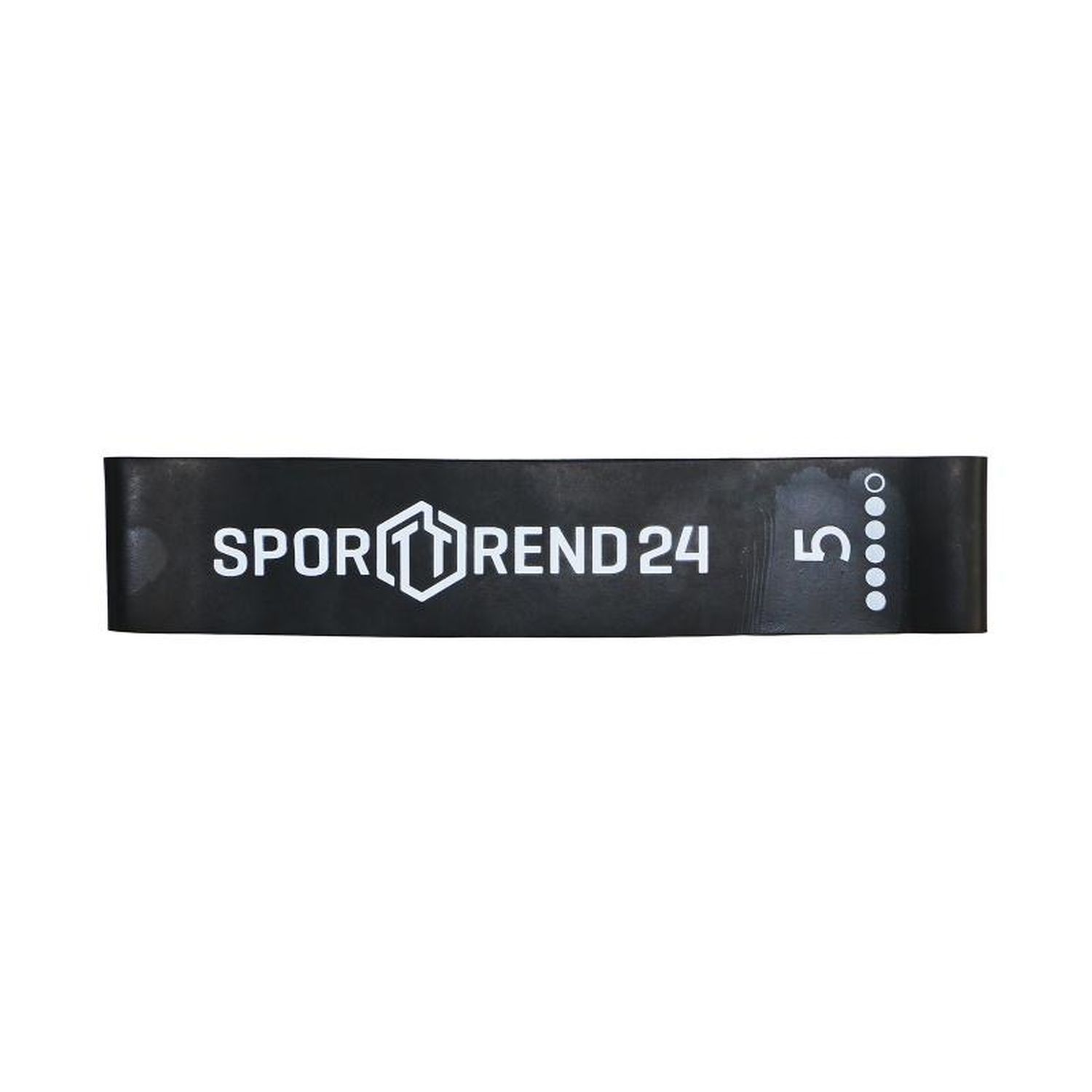 Schwarzes Mini-Band mit weißem Schriftzug Sporttrend24 und Zahl 5. Sechs weiße Punkte. Fitness-Band.