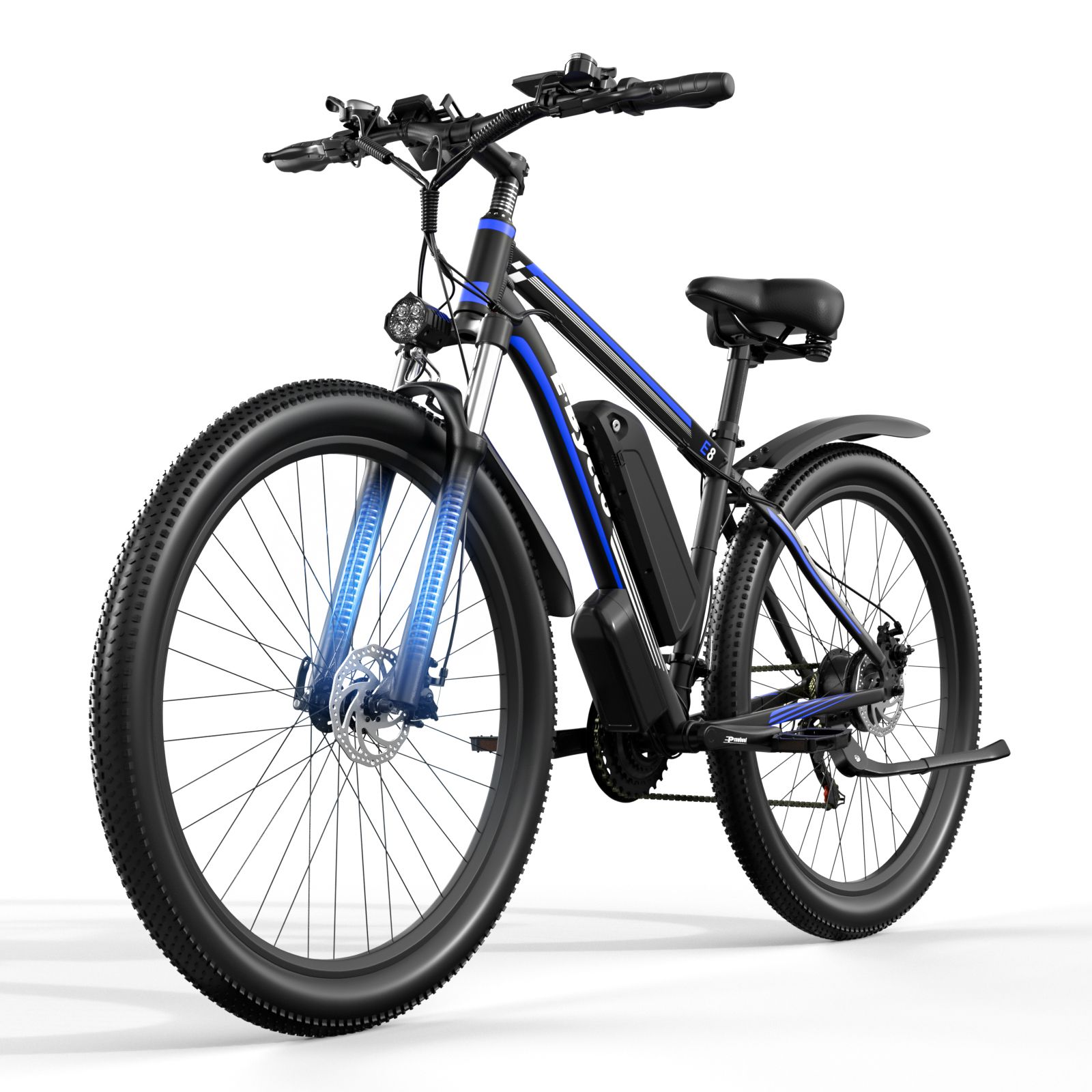 E-Bike mit schwarzem Rahmen, blauen Akzenten und Federung. E·Bycco Logo. Schwarze Reifen.