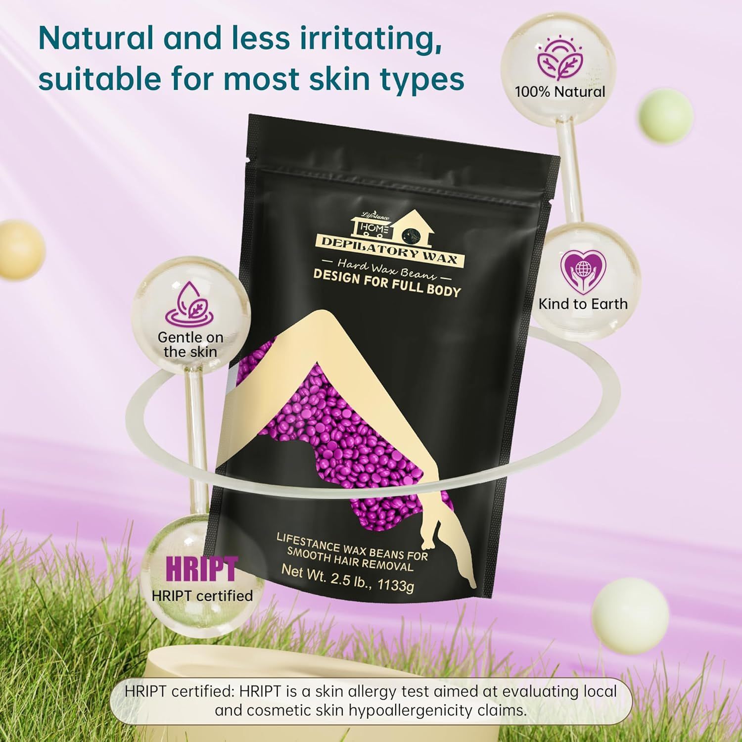 Schwarze Verpackung mit violetten Wachsperlen. Text: Lifestance, Depilatory Wax, Design für den ganzen Körper. 2.5 lb. Hript-Zertifizierung.