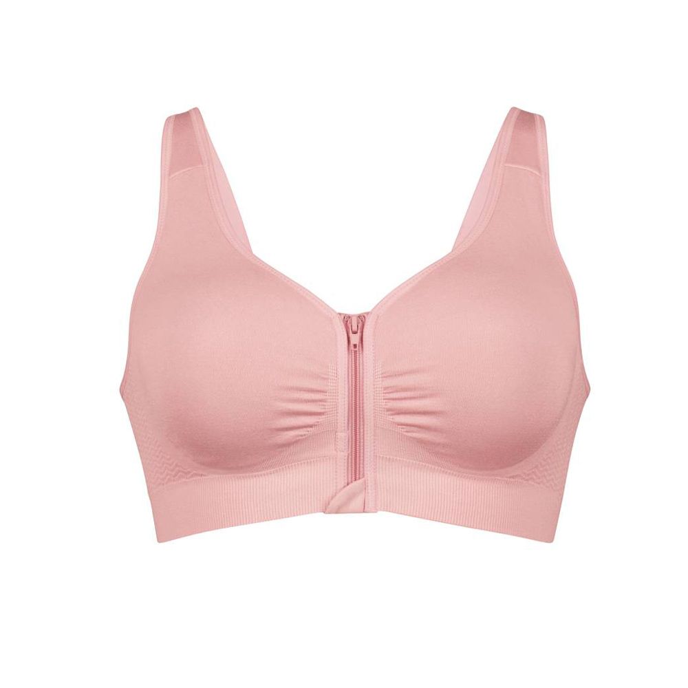 Rosa Sport-BH mit Reißverschluss vorne und breiten Trägern.