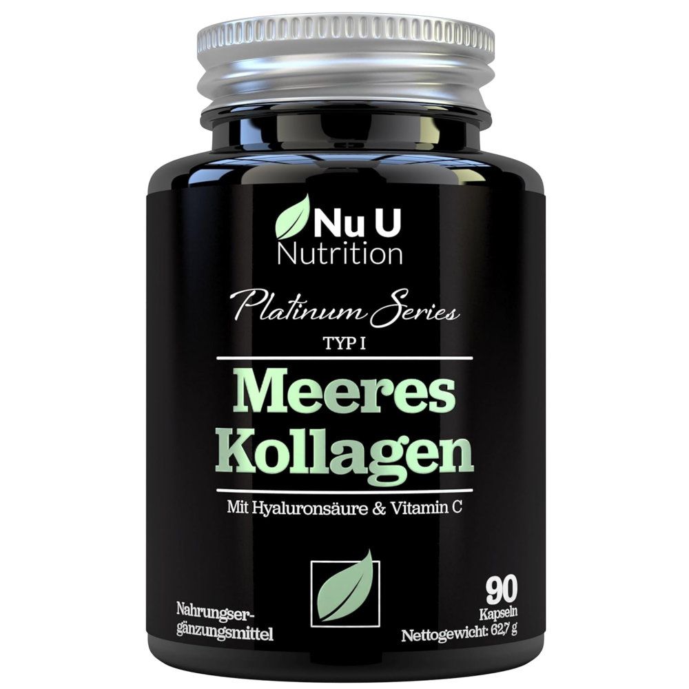 Schwarze Flasche mit silbernem Deckel. Aufschrift: Nu U Nutrition, Meeres Kollagen, 90 Kapseln. Mit Hyaluronsäure & Vitamin C.
