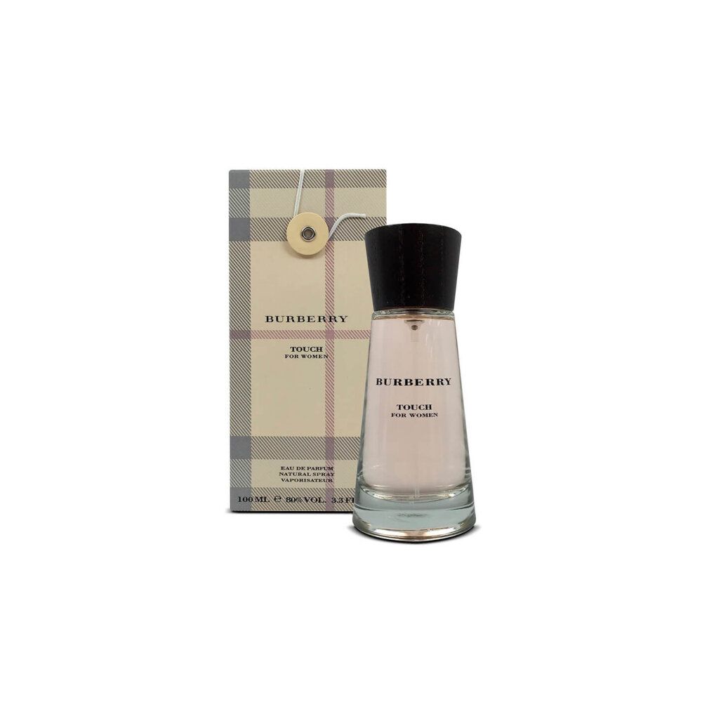 Burberry Touch Flakon und Verpackung. Verpackung mit Karomuster und Aufschrift: Burberry Touch for Women.