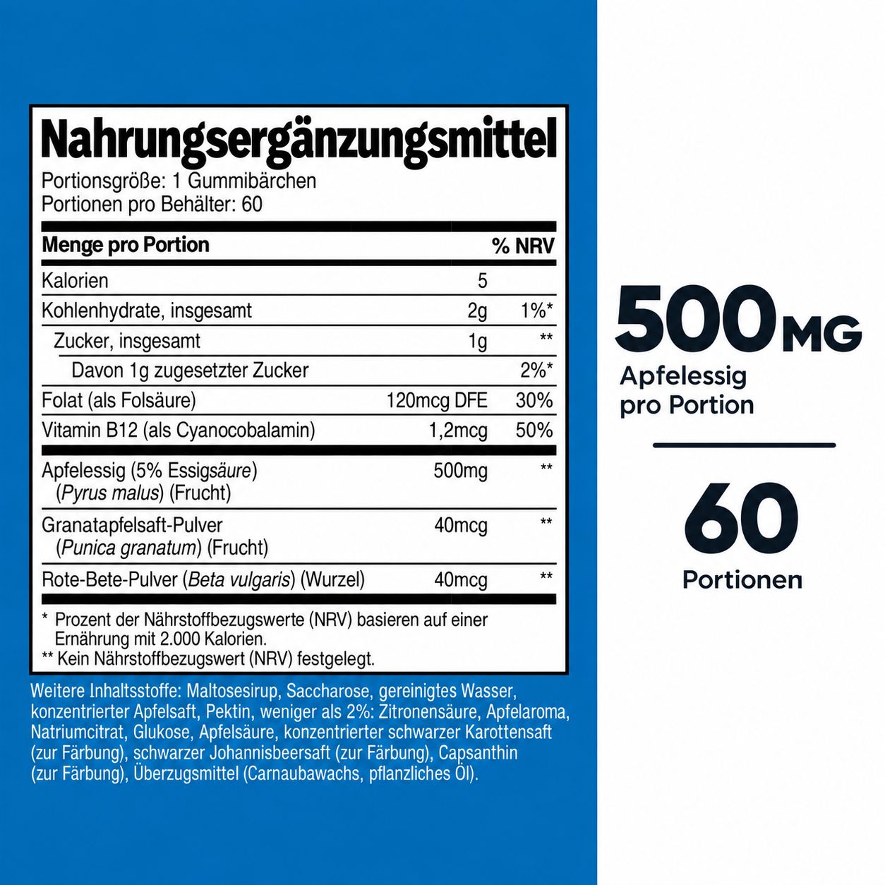 Nahrungsergänzungsmittel: Nährwertangaben für Apfelessig Gummis.