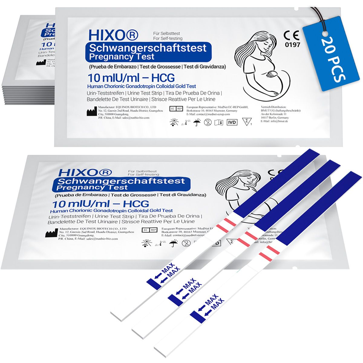Packungen und Teststreifen. Aufschrift: HIXO Schwangerschaftstest, 10 mIU/ml - HCG. 20 Stück.