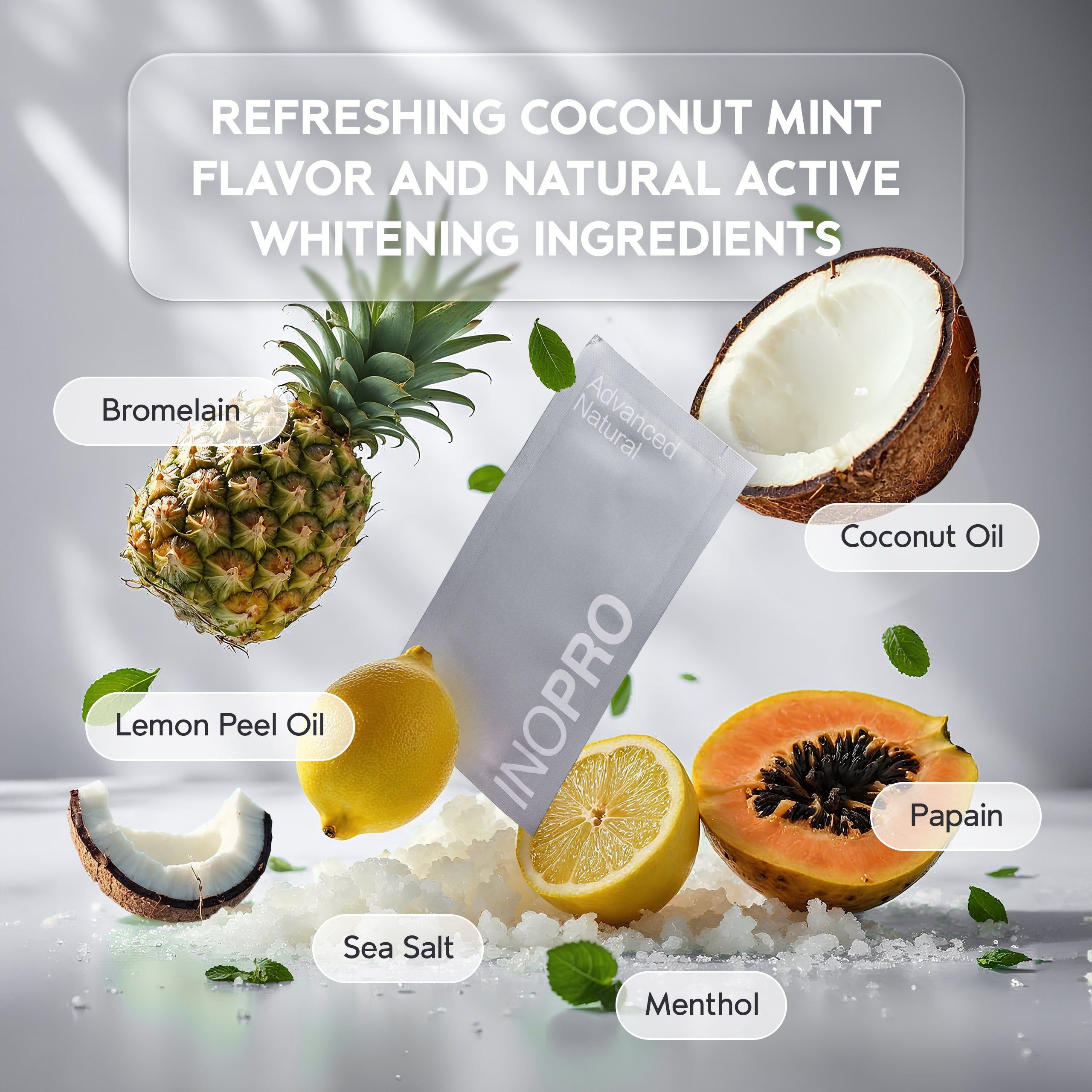 INOPRO Zahnbleichstreifen mit Kokos-Minz-Geschmack, natürliche Inhaltsstoffe wie Bromelain und Papain.