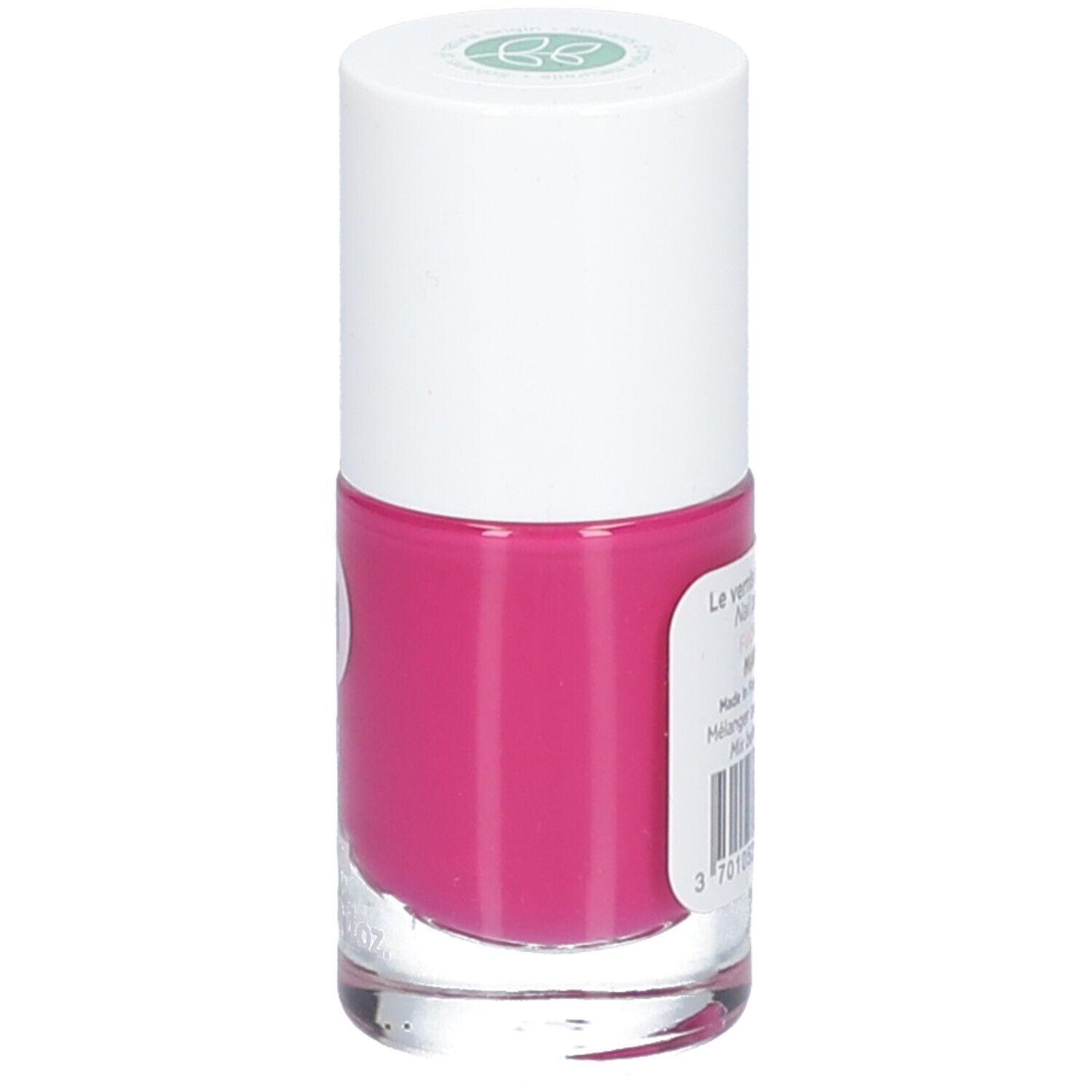 Nagellackflasche, bonbonrosa. Weißer Deckel, transparente Glasflasche. Etikett mit Produktinformationen.