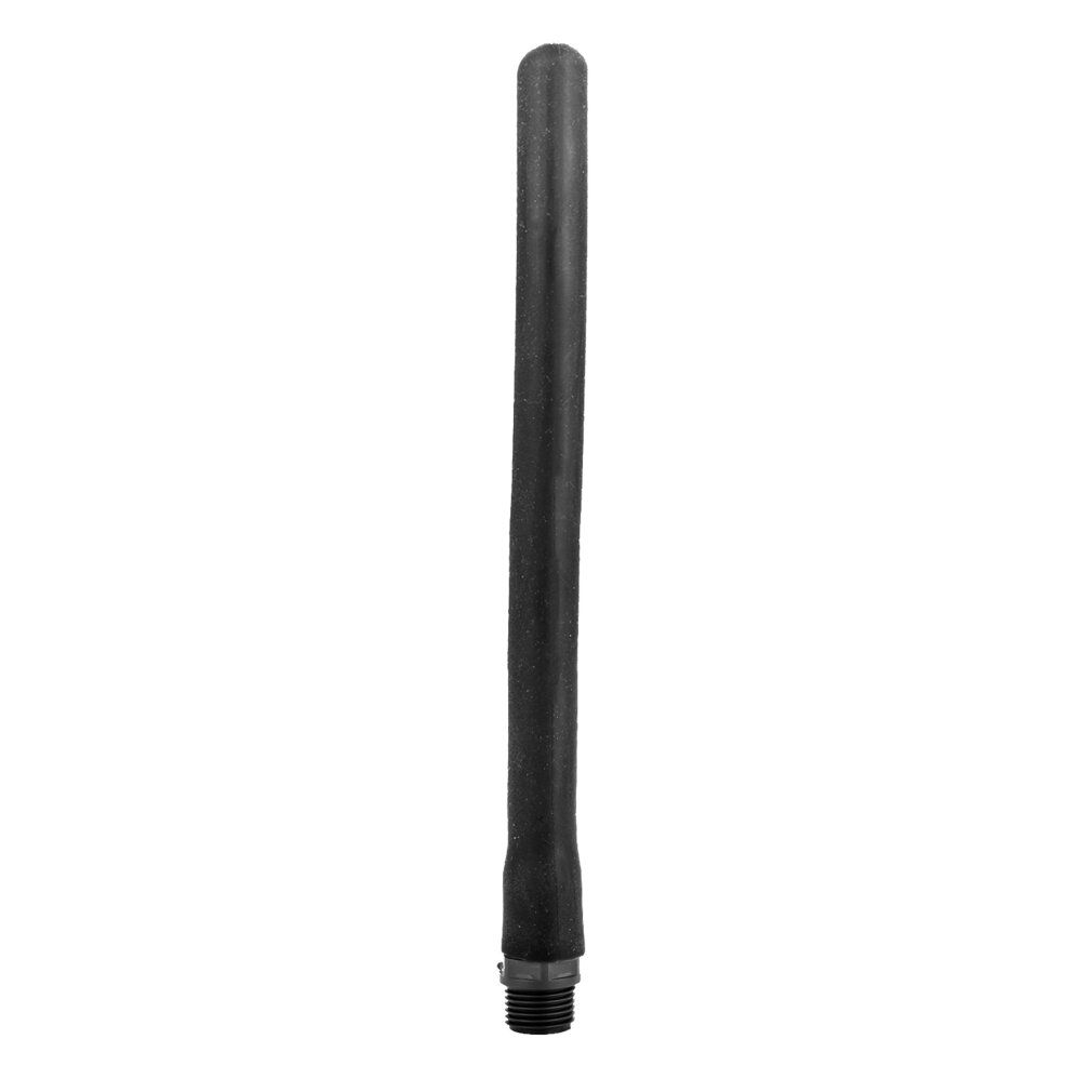 Schwarzer Dildo mit gerippter Oberfläche. Zylindrische Form, abgerundete Spitze, Gewinde am Ende.